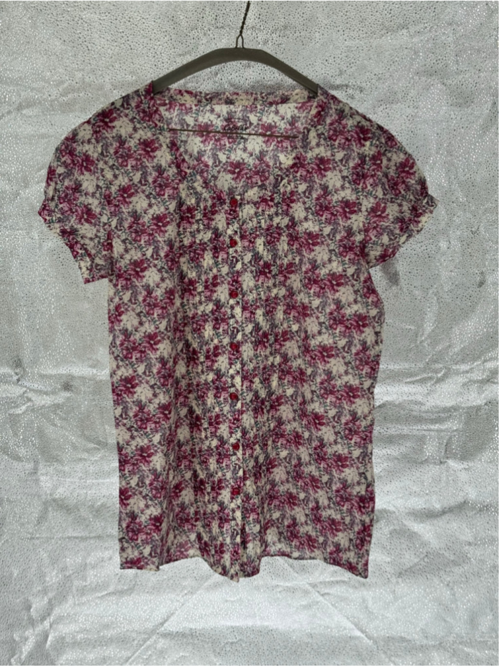 Women's Cabela's Floral Blouse Size M White Pink Short Sleeve Button Down